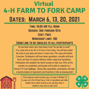 Virtual 4-H Farm to Fork Camp march 6, 13, 20 2021