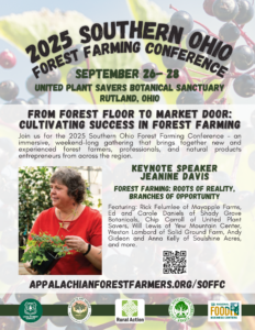 Conference flier for the 2025 Southern Ohio Forest Farming Conference featuring Jeanine Davis as keynote speaker